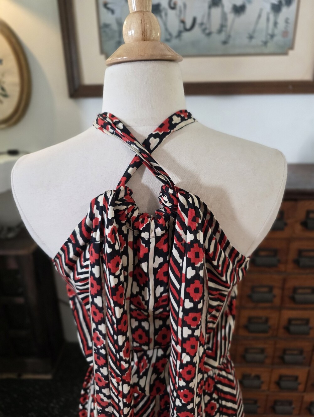 Parker 100% Silk Patterned Red And White Maxi Halter Dress Size Small - Picture 7 of 14